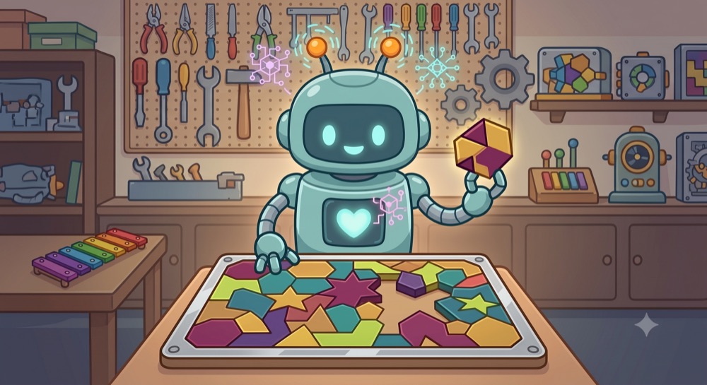 Bleep the robot in a workshop full of tools, holding a shape block above a tray of coloured shapes.
