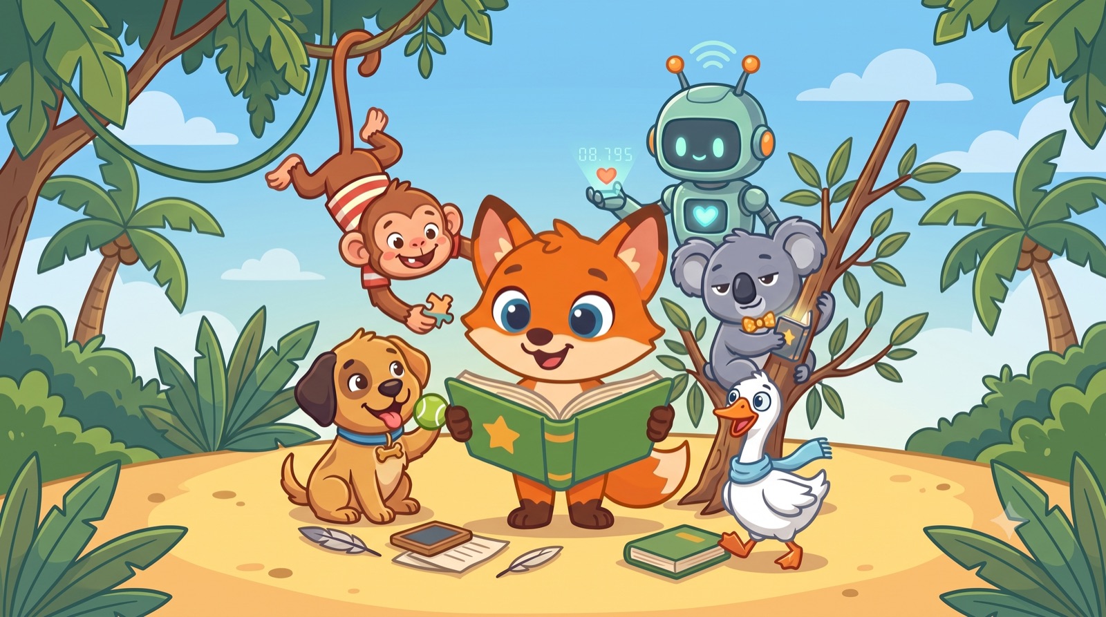 Kit the fox reading a storybook in a sunny jungle clearing, with Scout the puppy, Mango the monkey, Bleep the robot, Snooze the koala, and Honk the goose gathered around him.