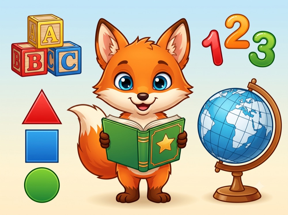 Kit the fox standing between alphabet blocks, colourful numbers, shapes and a globe, holding an open green book.