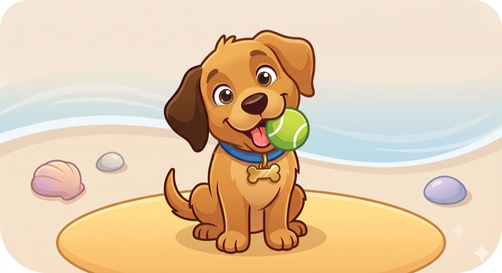 Scout the golden puppy sitting on a sandy beach with a tennis ball in his mouth.
