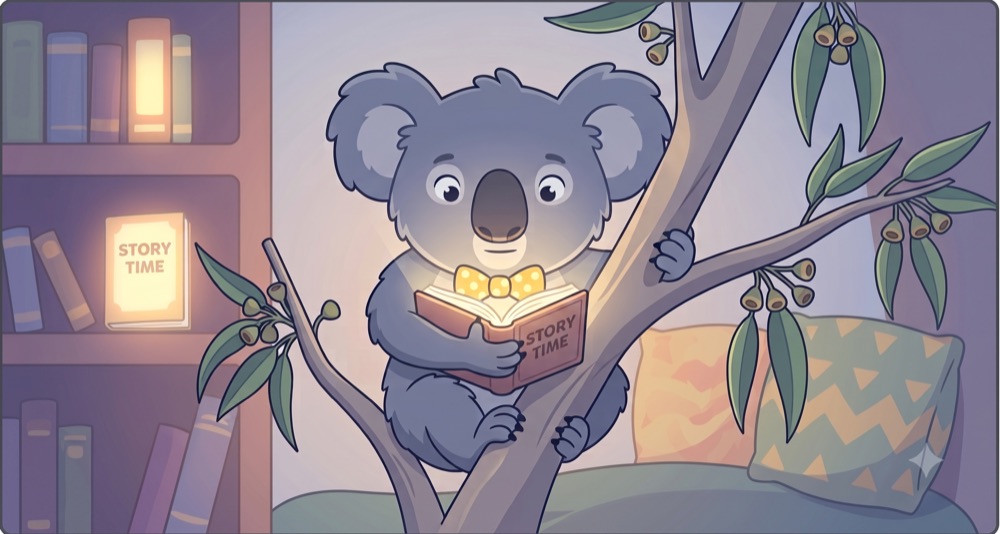 Snooze the koala in a bow tie, sitting in a eucalyptus tree beside a lamplit bookshelf, reading a glowing storybook.